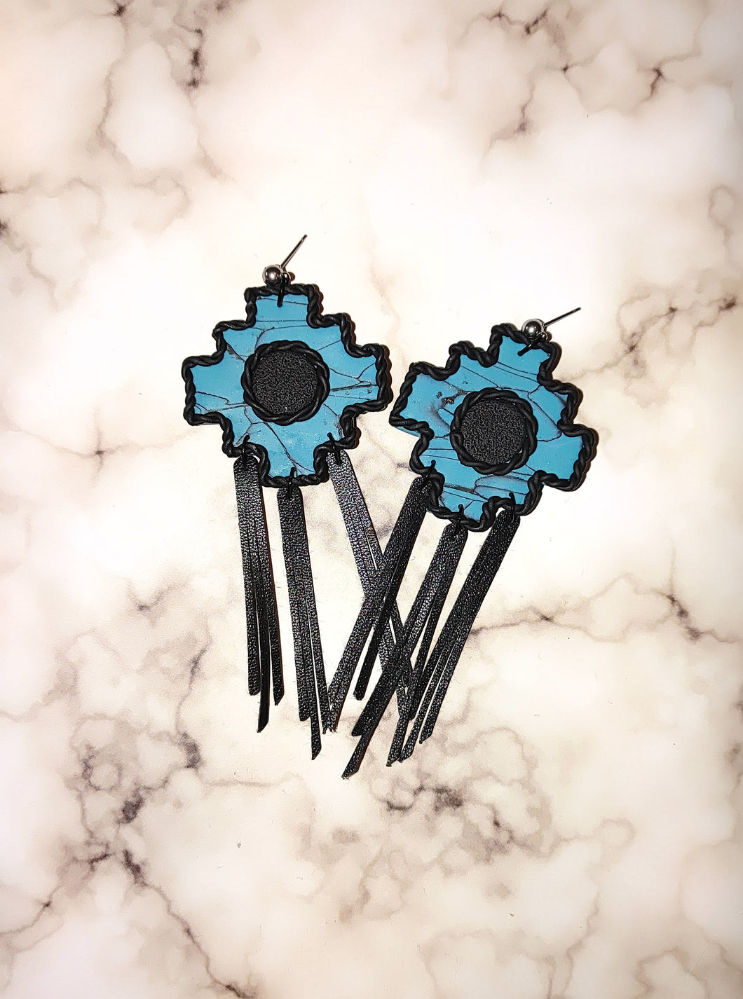 Turquoise aztec cross w/leather tassels